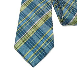 Karako Collection Silk Tie Men’s 61.5” Blue Green Plaid Preppy Skinny New
